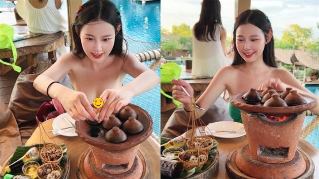 張香香「無肩帶戰袍」急速垮下擋不住！彎腰烤鳥蛋「倒出巨量好料」網震撼