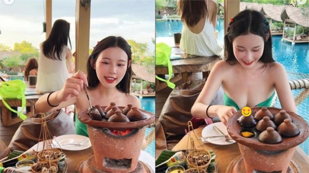 張香香「無肩帶戰袍」急速垮下擋不住！彎腰烤鳥蛋「倒出巨量好料」網震撼