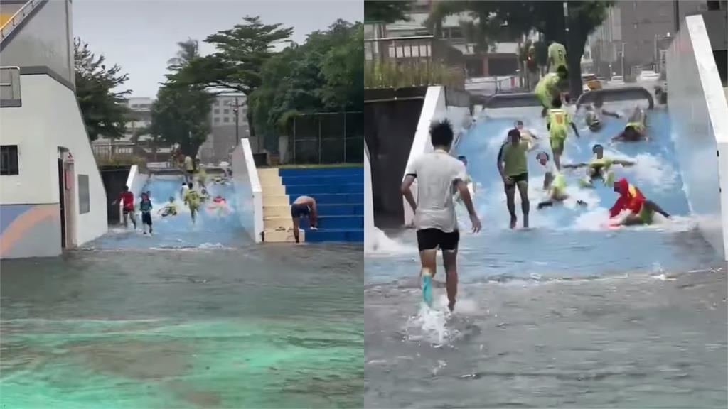 颱風暴雨！花蓮美崙田徑場「斜坡變滑水道」學生嗨玩片瘋傳…網笑：季節限定