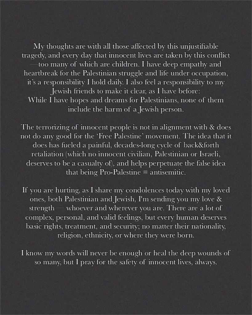 「李奧納多前女友」超模吉吉忍4天開口了!長文「逆風挺巴勒斯坦」:會繼續支持