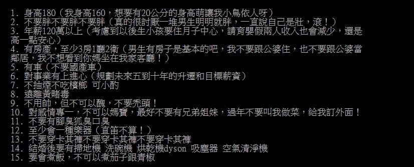 160cm妹子列15項條件徵男友　網一看全白眼：妳還是單身吧！