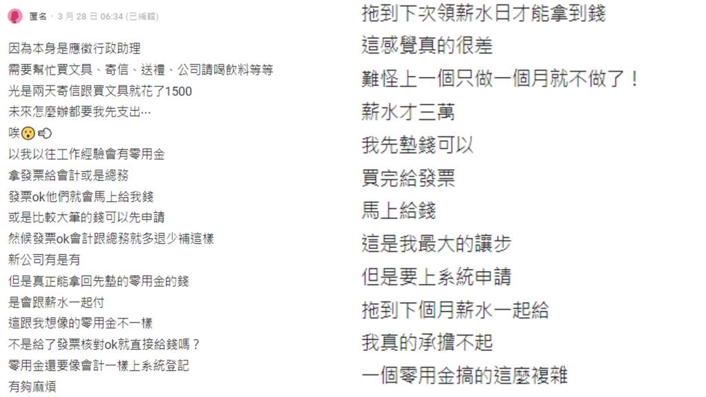 小助理到職第2天「替公司代墊1500」!網見「撥款流程」狂勸:快逃r