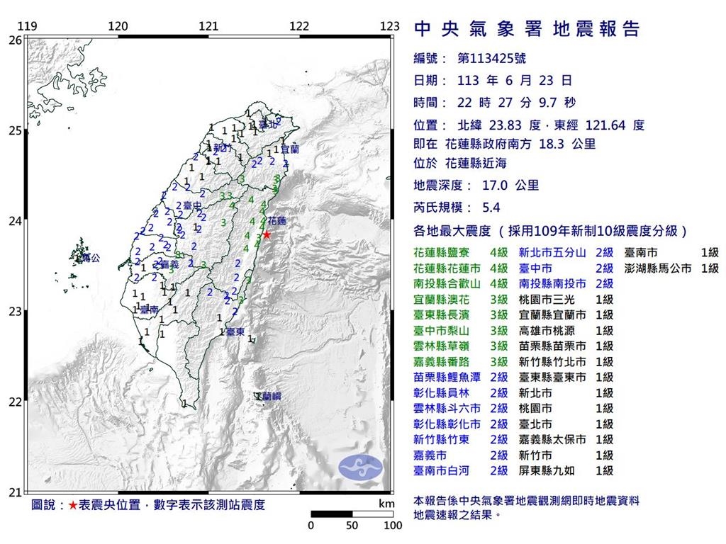 快新聞/晚間10點27分「發生5.4淺層有感地震」 各地最大震度4級