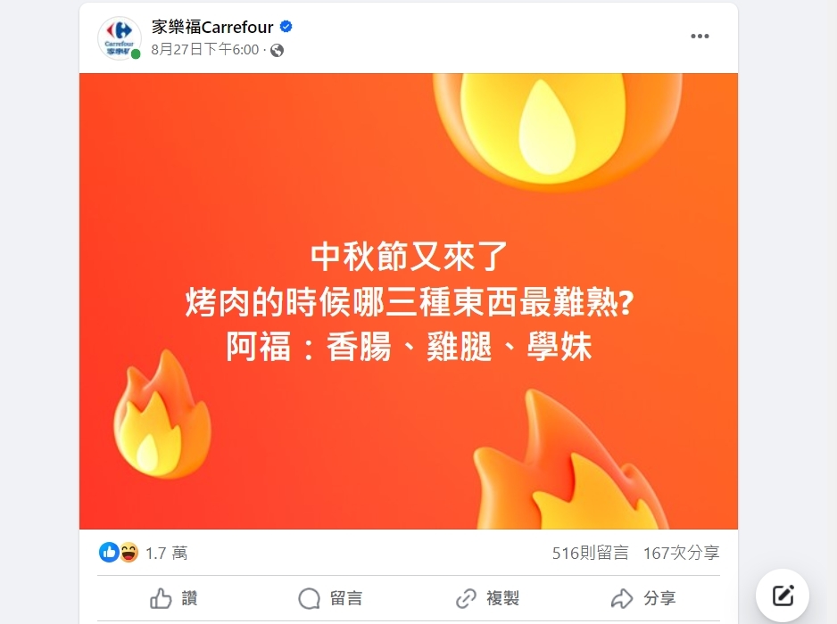 中秋烤肉什麼最難熟？家樂福：香腸、雞腿和「這一物」1.7網友笑翻按讚