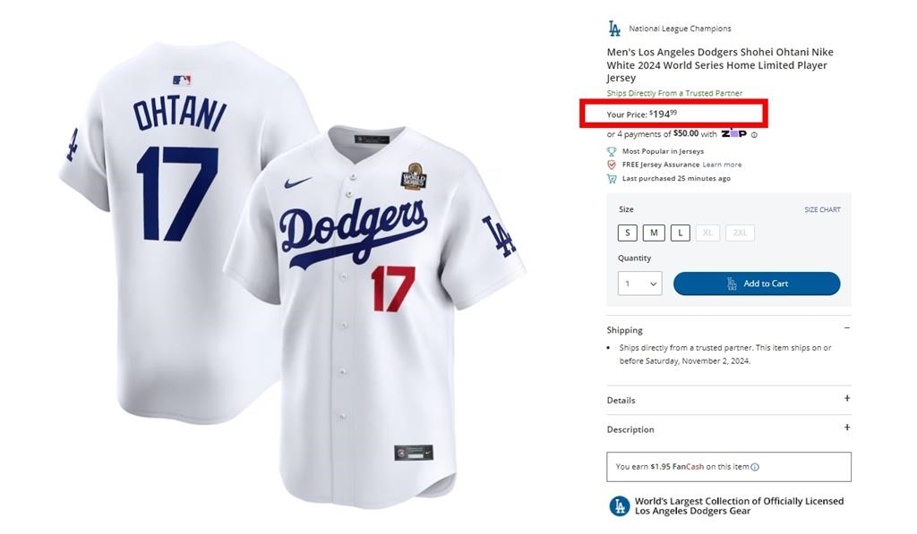 MLB/大谷翔平處處是商機!世界大賽球衣「售價近3萬日圓」仍熱銷