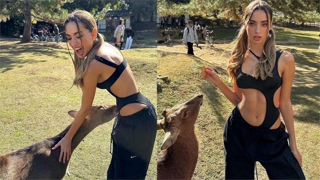 烏克蘭神顏模特「無罩」在大阪趴趴走！辣翻全網連奈良鹿都偷襲舔肚臍