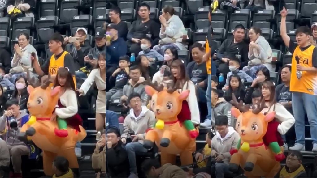 短今籃球場「豪邁騎麋鹿」硬闖看台!熱舞觀眾席「男球迷傻眼模樣」全被拍