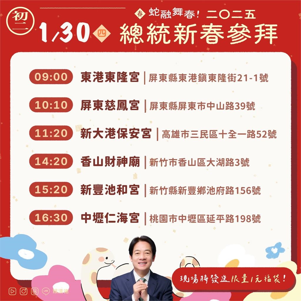 快新聞／賴蕭粉照過來！正副總統「走春行程曝」　索取福袋地點一次看