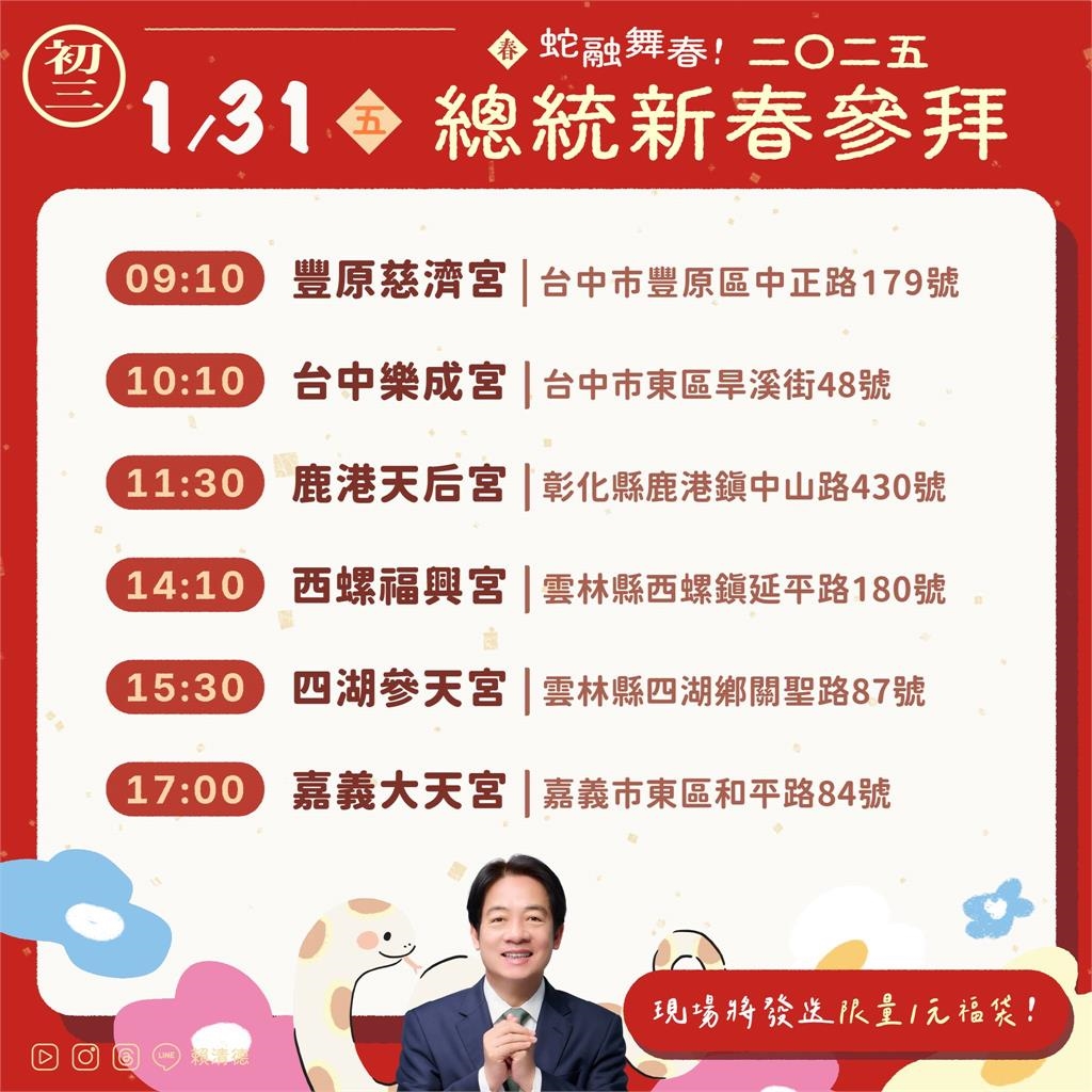 快新聞／賴蕭粉照過來！正副總統「走春行程曝」　索取福袋地點一次看