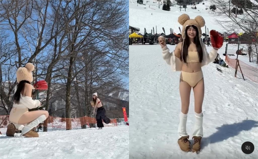 日本滑雪場「辣妹只穿比基尼」練棒球!竟是「台灣虎牙正妹」網暈:太猛