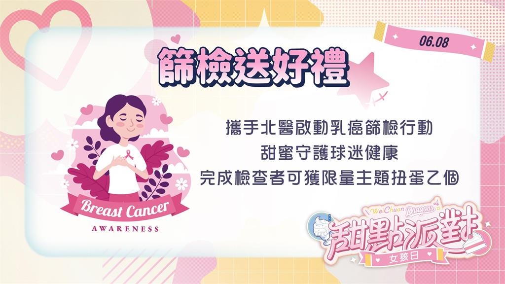 中職/味全龍女孩日甜蜜登場 6/8天母球場外攜手北醫啟動乳癌篩檢行動