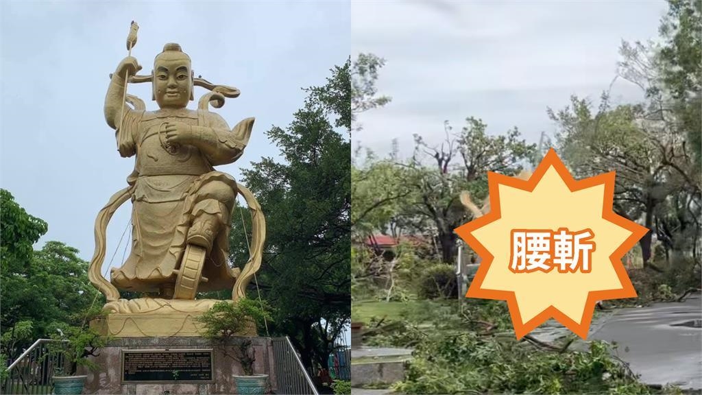 丹娜絲夜侵台南「太子爺檔不住」！巨大雕像遭「吹斷裂2半」震撼畫面曝光