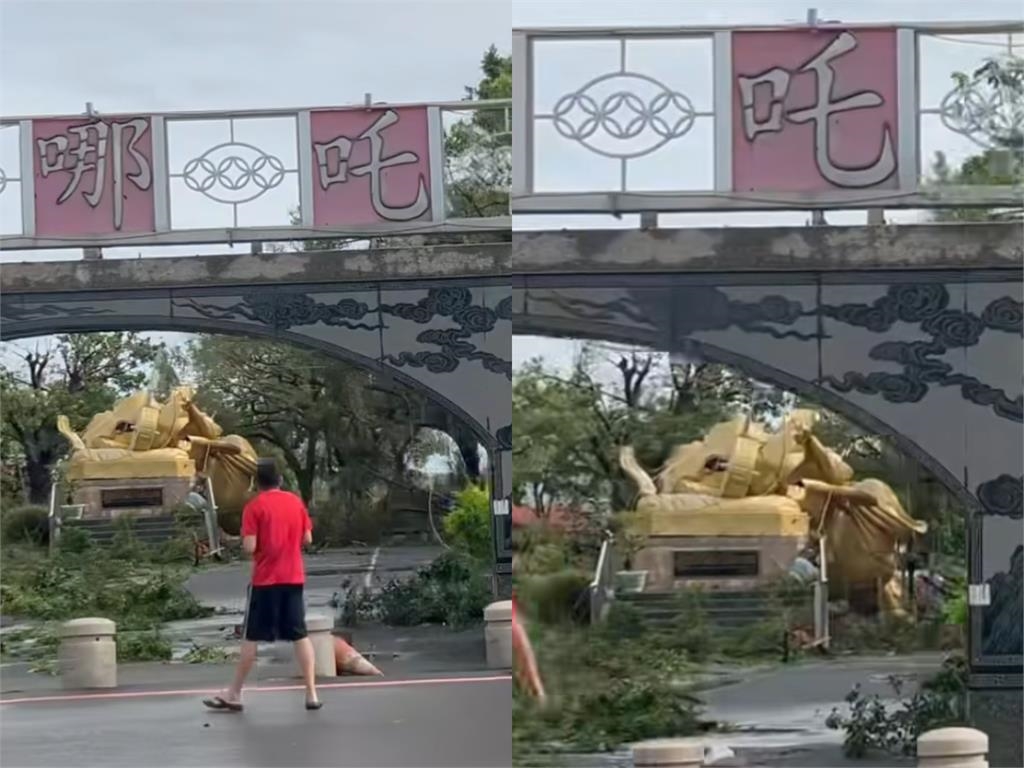 丹娜絲夜侵台南「太子爺檔不住」!巨大雕像遭「吹斷裂2半」震撼畫面曝光