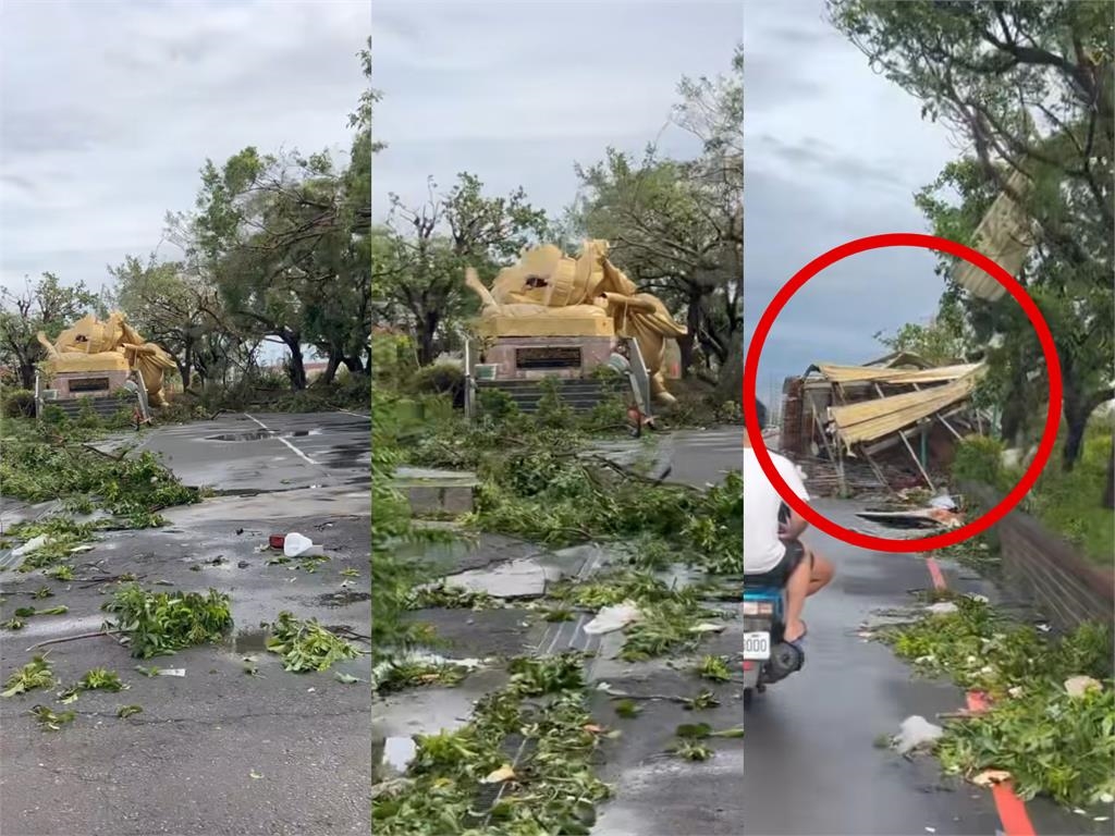 丹娜絲夜侵台南「太子爺檔不住」!巨大雕像遭「吹斷裂2半」震撼畫面曝光