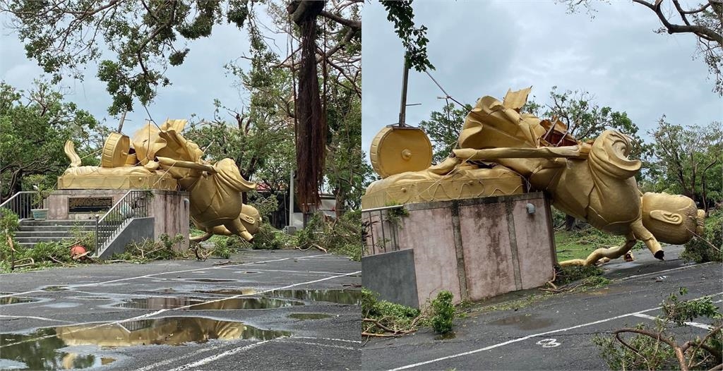 丹娜絲夜侵台南「太子爺檔不住」!巨大雕像遭「吹斷裂2半」震撼畫面曝光