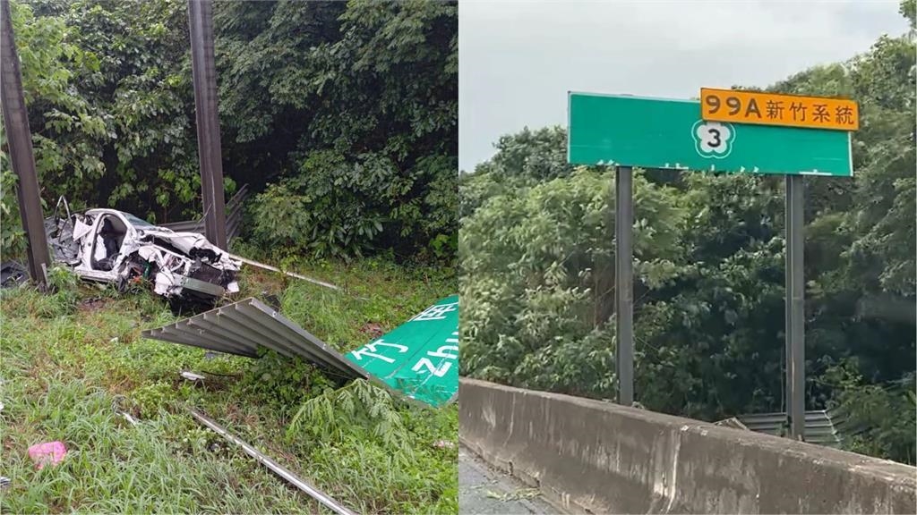 颱風天驚險車禍！國1轎車打滑飛出護欄　撞斷國道標示「剩一半」