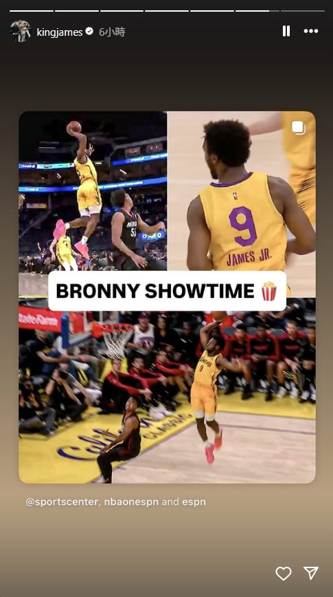 NBA(影)/詹皇子禁區一步起飛!老爸興奮發限動「布朗尼2.0」網評:有乃父之風