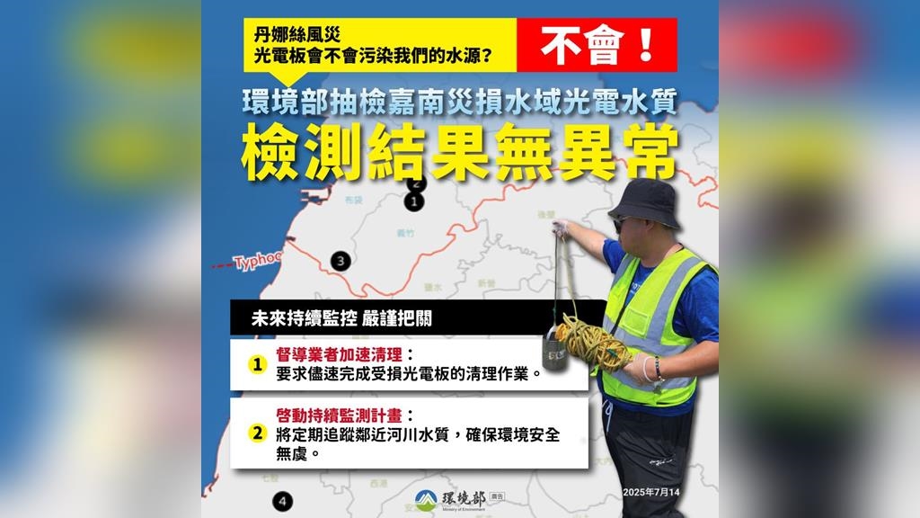 好安心！嘉南光電板受風災毀損　環境部主動抽驗「水質無異常」