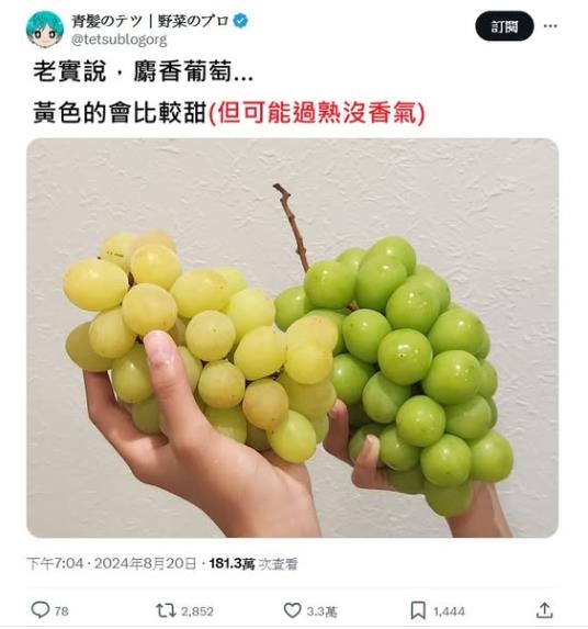 你也買錯麝香葡萄了？日本蔬果達人教你4招「別挑鮮綠色」引熱議