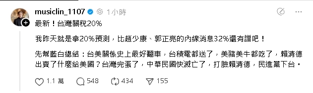 美國對台關稅降至20℅「八炯早料到」！預言「藍白2劇本」酸爆趙少康