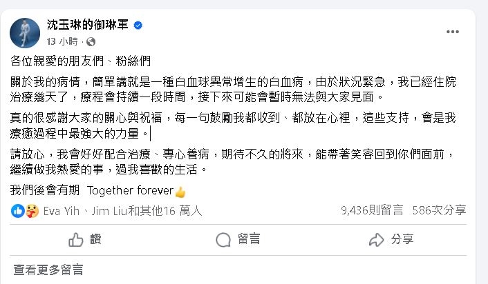 全面停工！沈玉琳發文證實患「血癌」　接受治療中