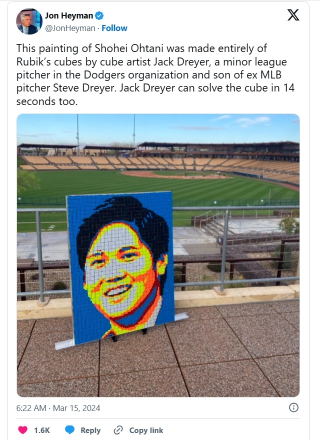 MLB／小菜鳥崔爾感激大谷翔平點名稱讚　曾用魔術方塊拼出二刀流巨星肖像