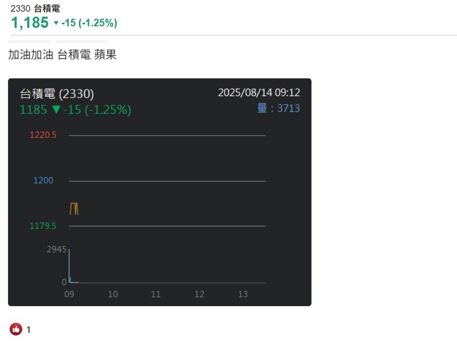台積電1200元是天花板？今天跌15元 網友集氣喊