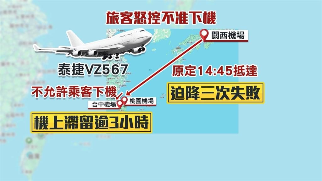 互踢皮球？　泰越捷航班3度降落桃園失敗　轉降台中　旅客怒轟不准下機　