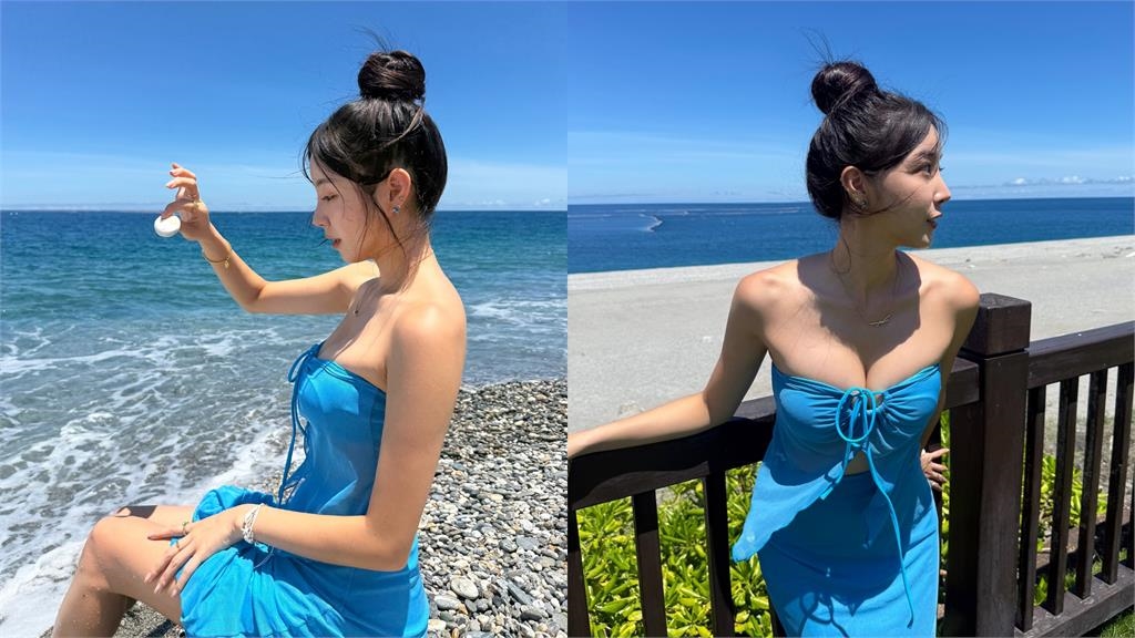 最強外掛安芝儇「海灘辣照」全曝光！胸前綁帶包不住「深溝狂炸」網：像AI…