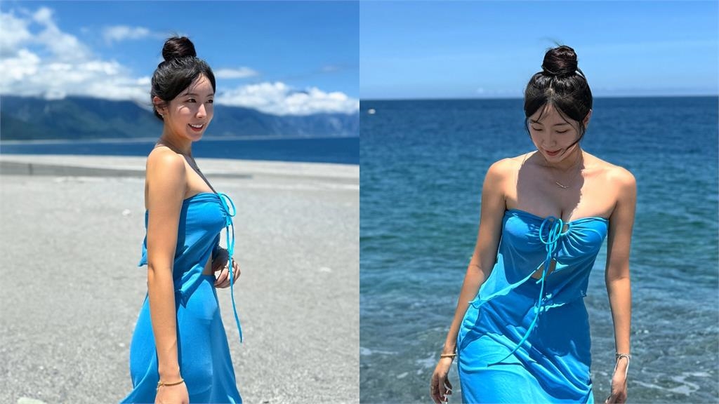 最強外掛安芝儇「海灘辣照」全曝光！胸前綁帶包不住「深溝狂炸」網：像AI…