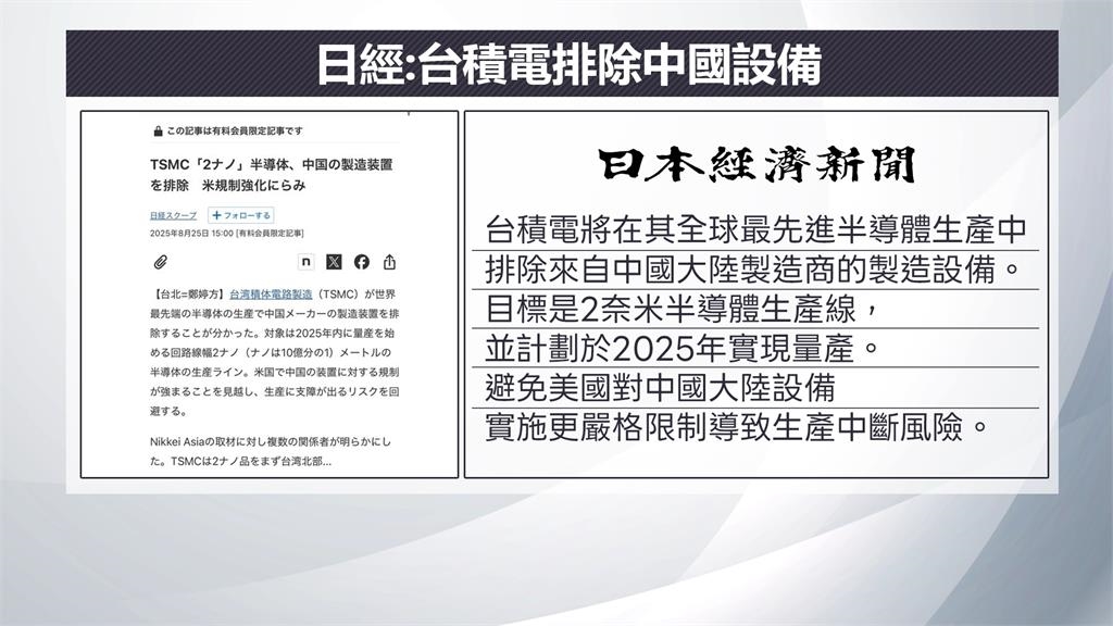 台積電2奈米全面排除中國設備　川普入股英特爾台積電股價開低走低