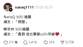 蔡依林「遭抓包熬夜」10點還趴趴走!NanaQ二度發聲諷「雙標」鐵粉不挺了