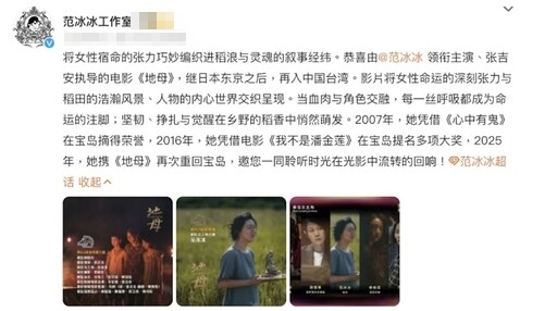 范冰冰被封殺7年入圍金馬 「再入中國台灣」貼文1夜消失…本人突回40字!