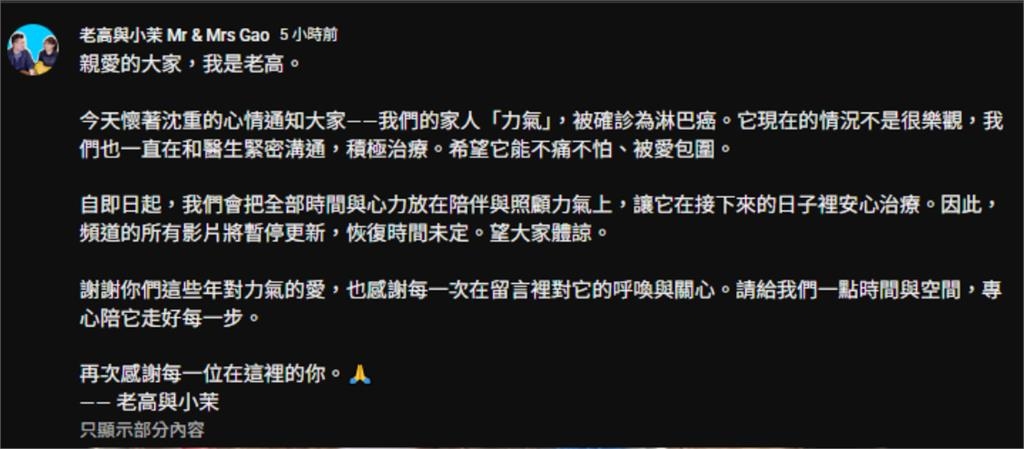 YTR老高「摯愛」罹淋巴癌！頻道突公告「無限期停更」他悲曝狀態：不樂觀