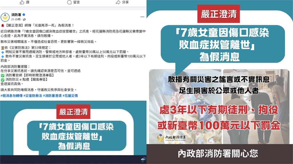 網傳7歲童遭洪災沖走「敗血症拔管亡」 消防署闢謠:最高可關3年、罰100萬!