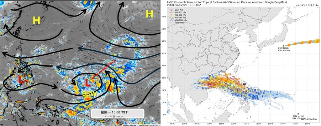 96W增強「風神」急醞釀最快週五生成!「3分歧路徑曝光」專家:恐有共伴效應