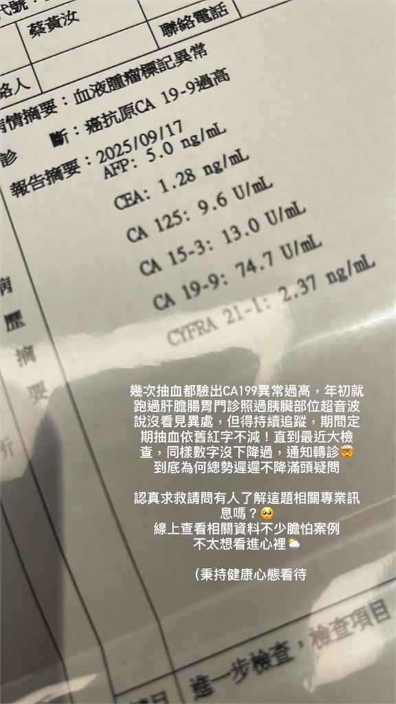 豆花妹突爆CA199「腫瘤指數」異常!親揭「體檢結果」求救:到底為何