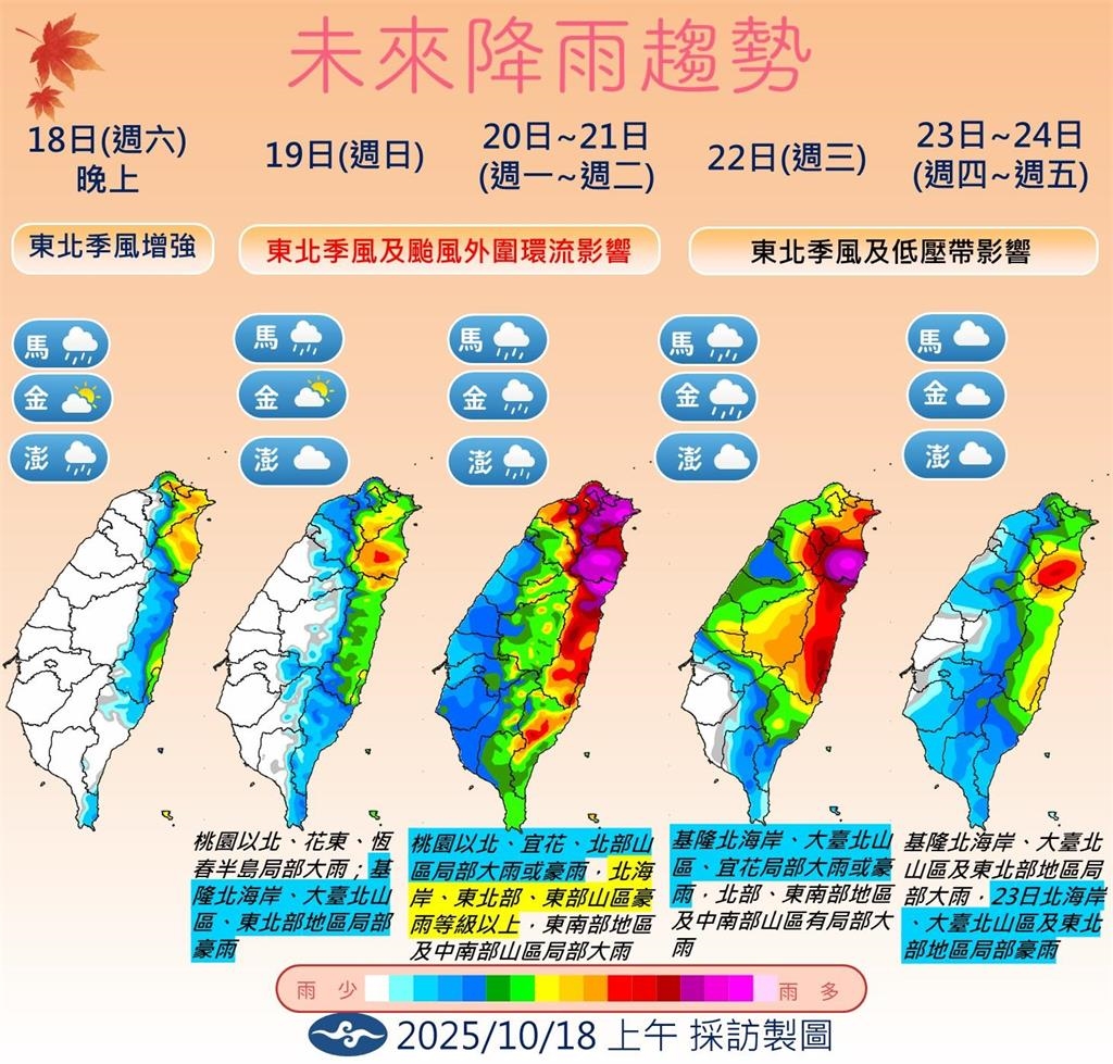 快新聞／東北季風+風神颱風共伴效應！　氣象署：桃園以北、花東慎防大雨