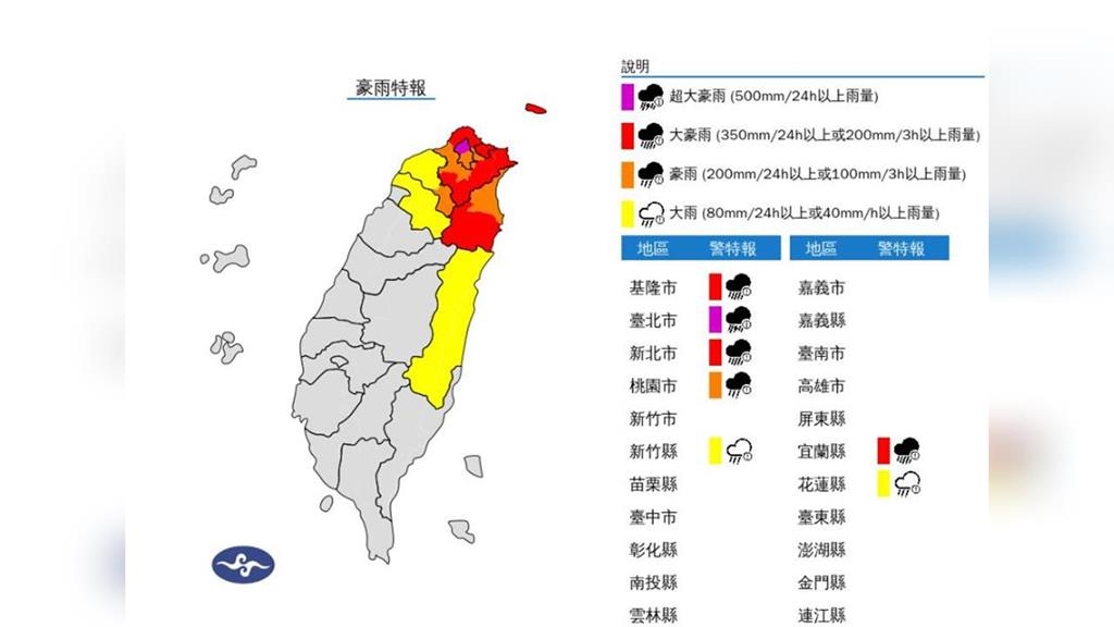 紅到發紫！台北「超大豪雨」特報　7縣市慎防強降雨、強陣風