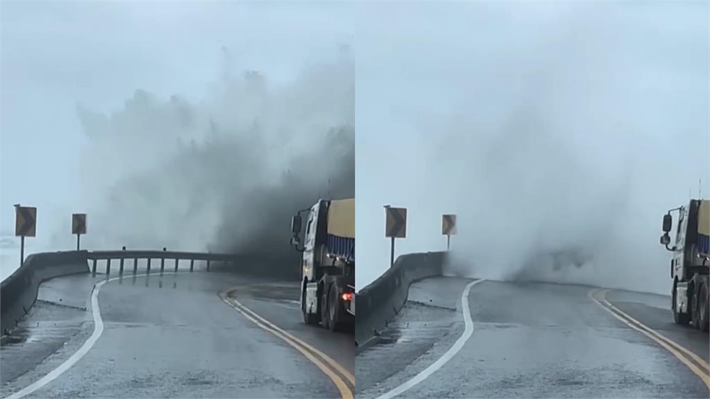 北海岸濱海公路遭「巨浪襲擊」　一度看不到路！急派員管制台2線車道