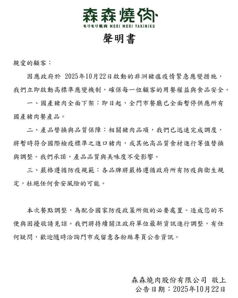 全國豬隻禁運宰衝擊餐飲業　人氣燒肉店「全面下架」國產豬