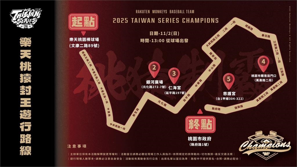 中職／用路人注意！樂天桃猿封王遊行將「交通管制」　路線、管制時間懶人包看這