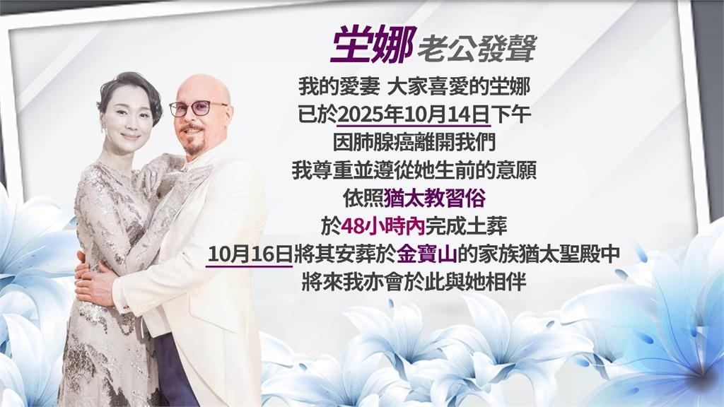 老公證實「坣娜肺腺癌病逝」 曝:在我懷裡平靜離開