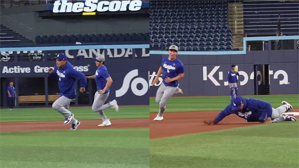 MLB(影)/要打G6壓力大?羅伯斯和金慧成比跑壘「跌到狗吃屎」道奇全隊超放鬆