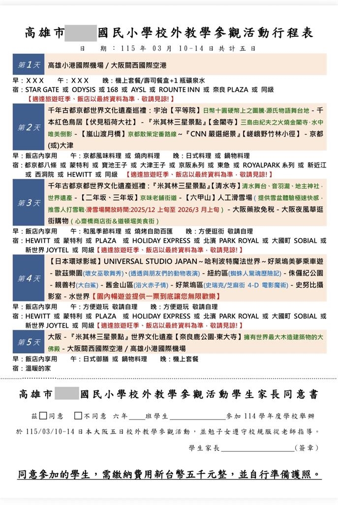 高雄某國小畢旅"5天日本行"團費每人5千 校長:是真的