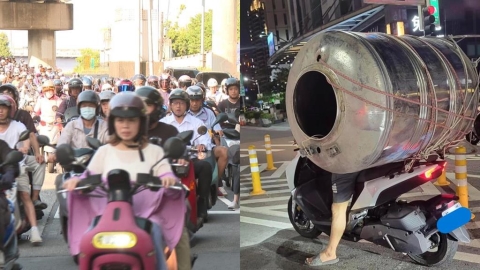 台灣機車無所不「載」！騎士後座揹巨大水塔「僅見靠雙腳撐地」網看傻眼