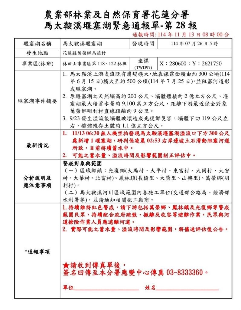 快新聞／快逃！花蓮馬太鞍溪「凌晨再現新堰塞湖」　官方紅色警戒持續