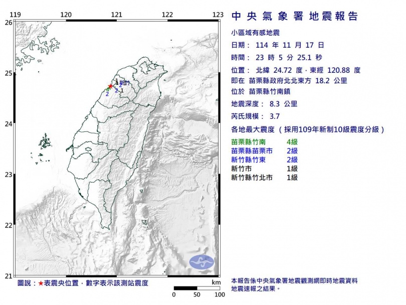 苗栗竹南深夜連2震。(圖/中央氣象署)