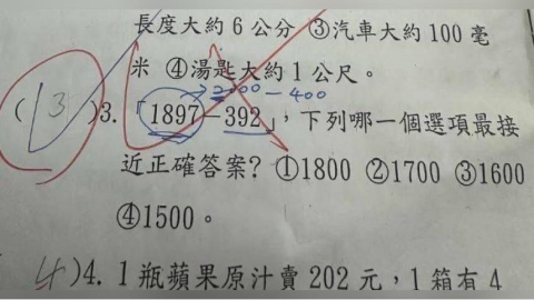 小三數學考「1897-392」最接近選項 孩答1500被打錯!老師:是1600