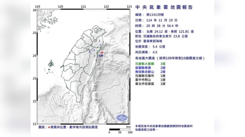 最新／花蓮「連2震」規模都4.5！時間僅相差13分鐘